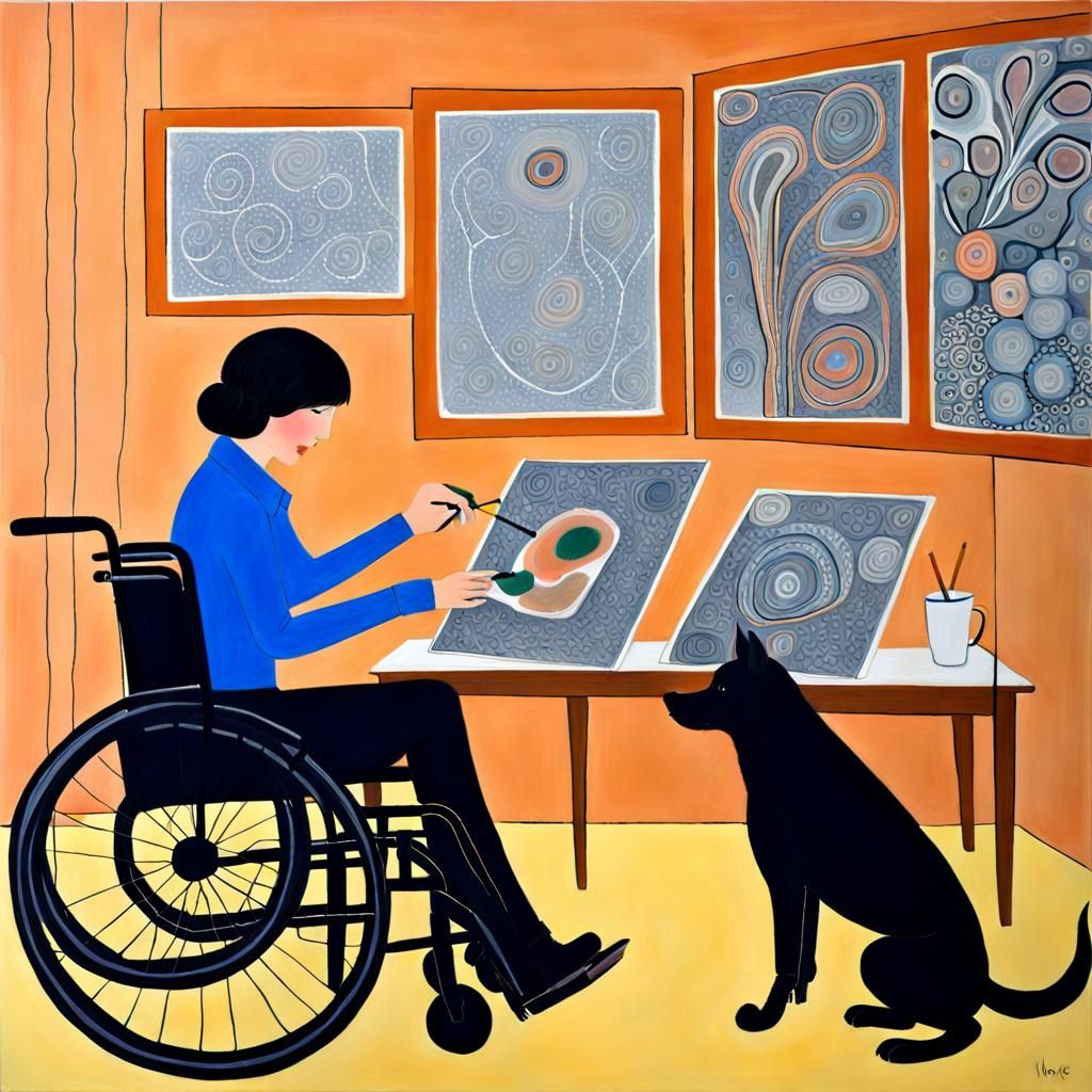 Artist in Studio with Service Dog, Naive Icon Style