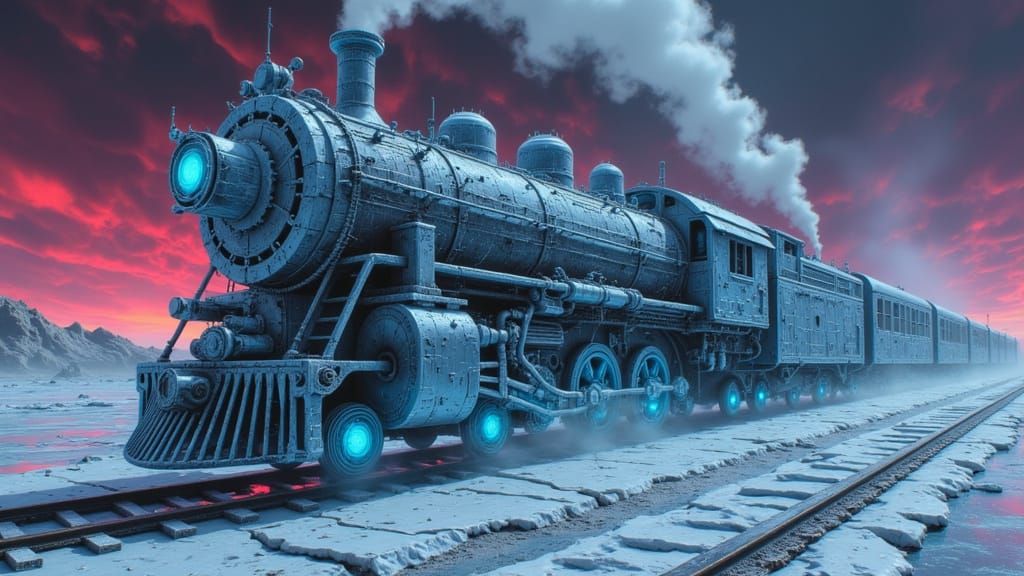 Steampunk Ice Train in Alien Landscape