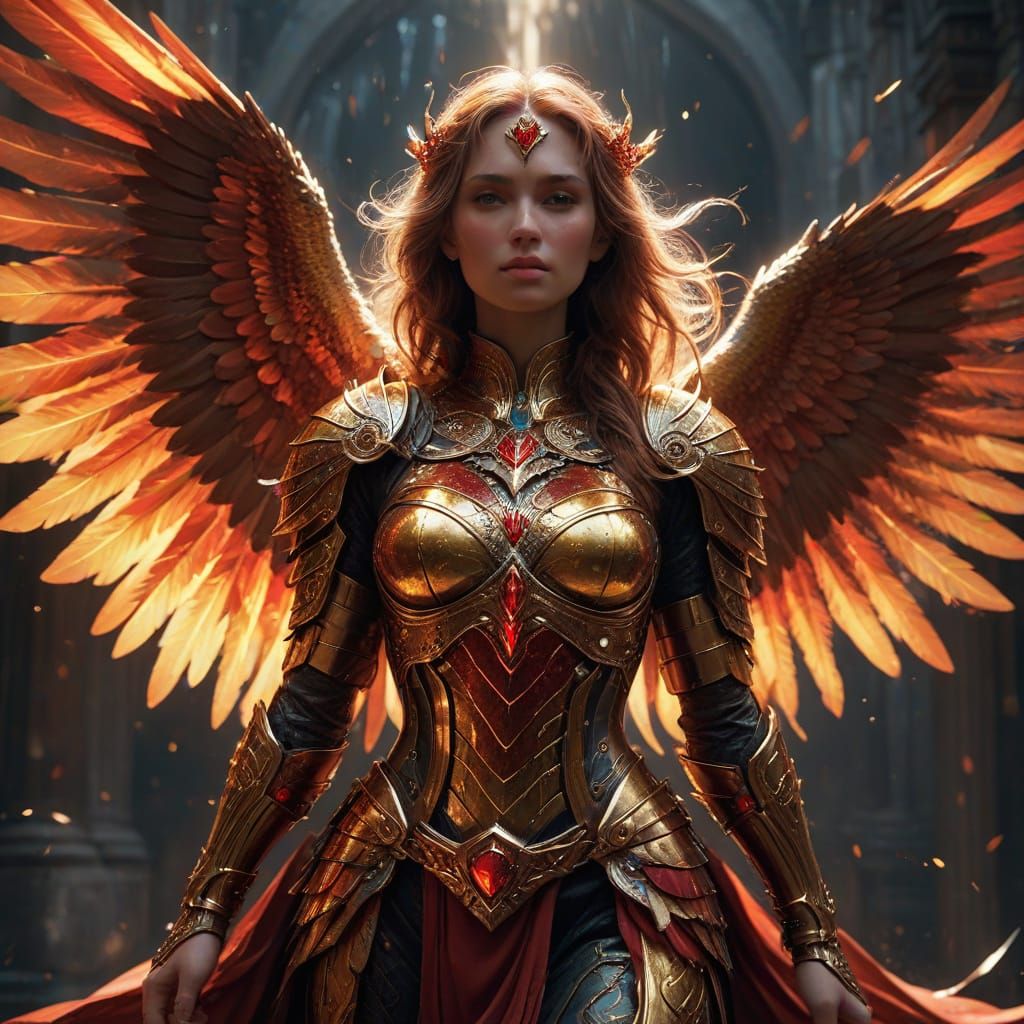 Regal Aasimar Paladin with Wings and Long Sword in Golden Ar...