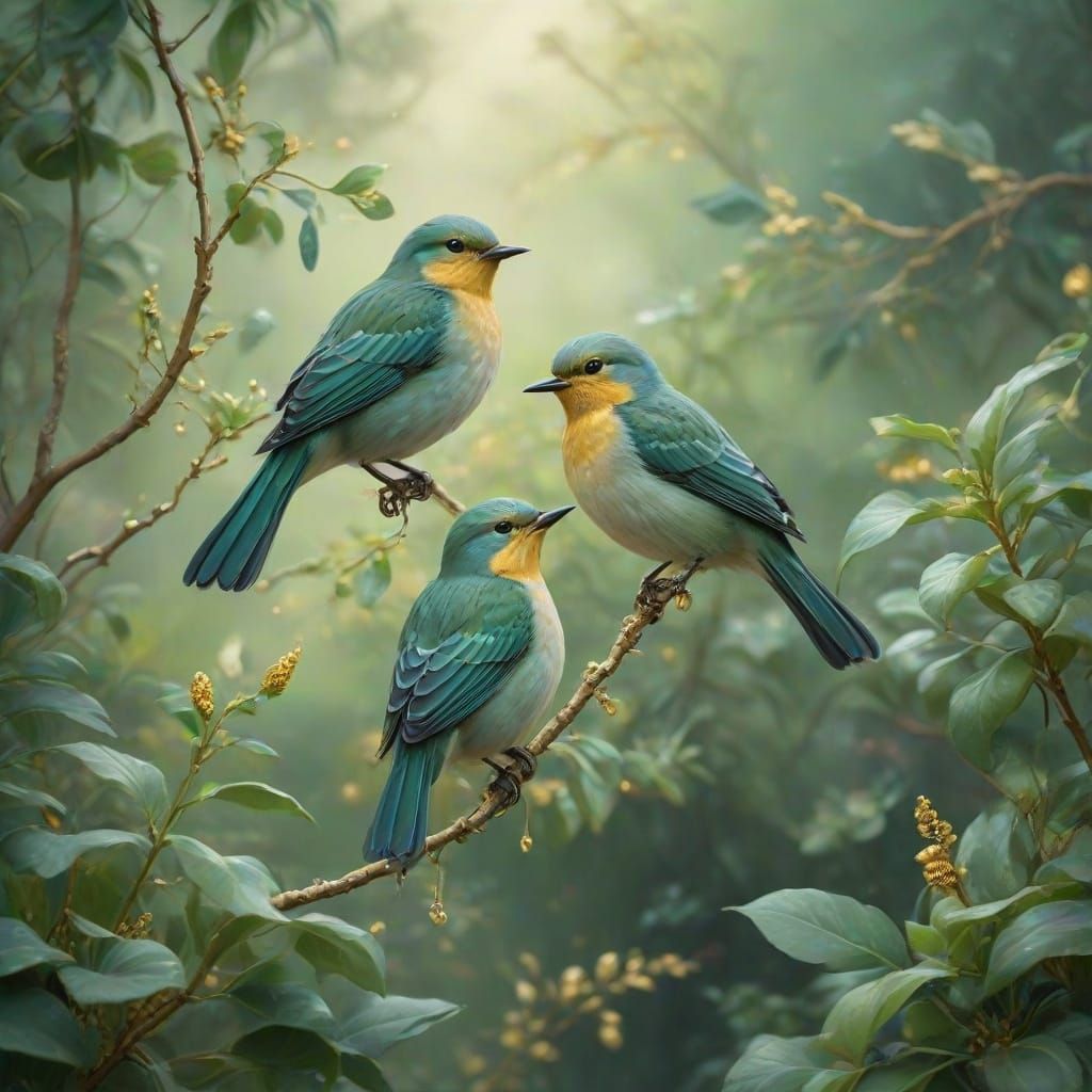 Jade Garden with Golden Birds: Oil Painting