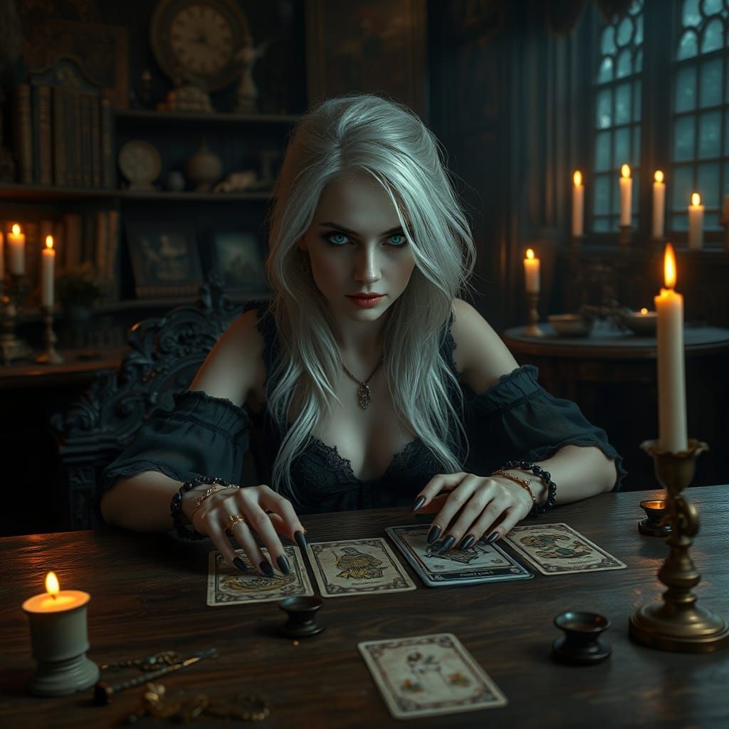 Mystical Tarot Reader in Gothic Chamber, Dark Fantasy Art