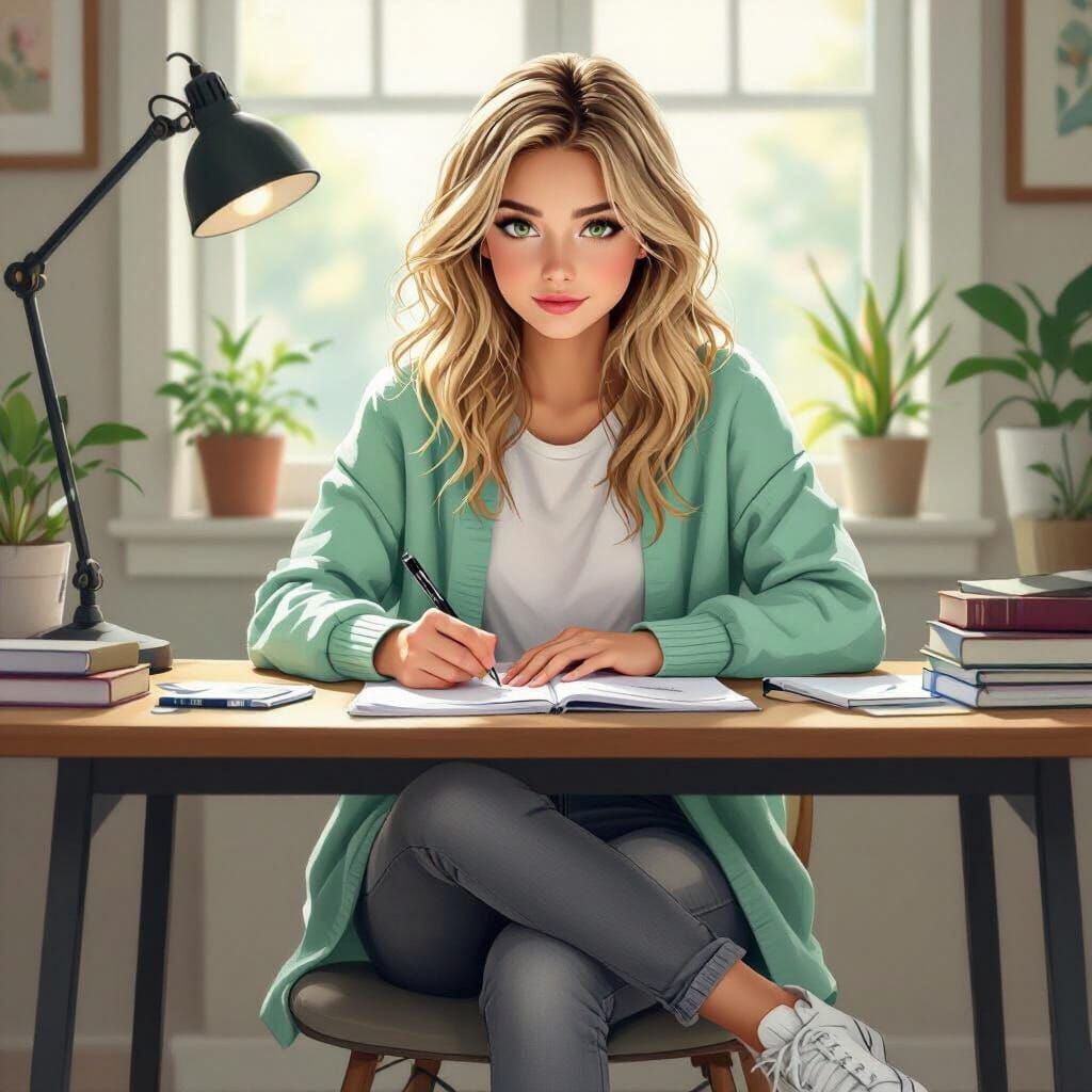 Teenage Girl Doing Homework in Detailed Digital Art