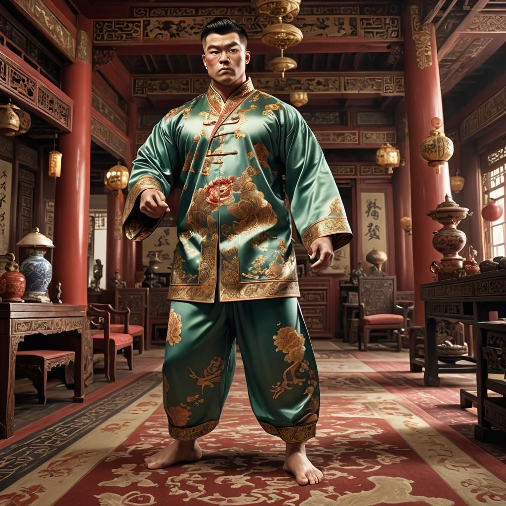 Colossal Bodybuilder Flexing in Traditional Chinese Room