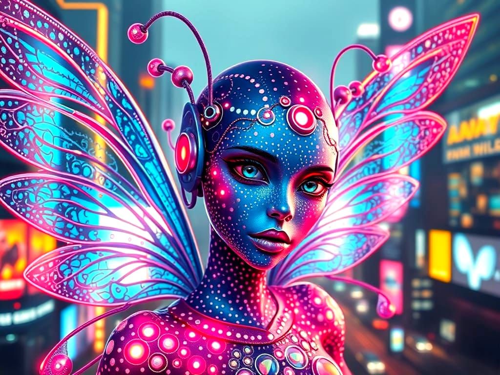 Cyberpunk Fairy with Neon Wings and Polka Dot Face