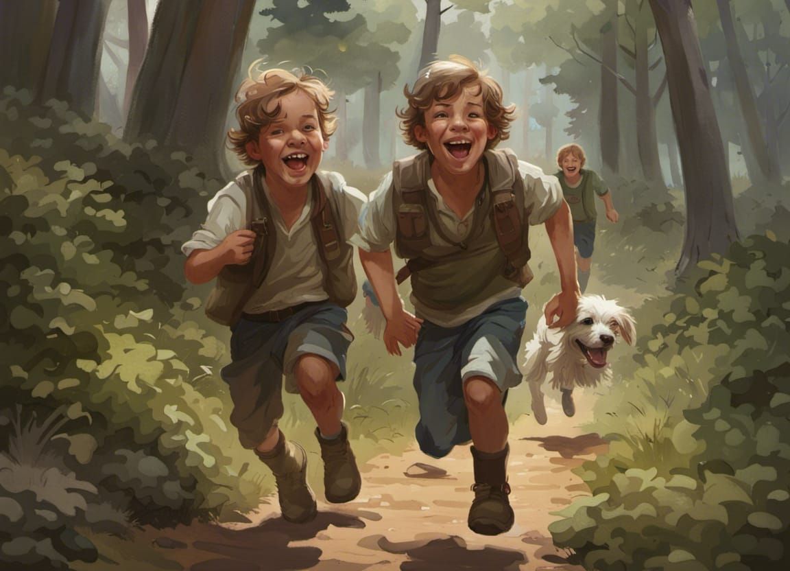 Boys Chase Spaniel in Woods: Concept Art Portrait