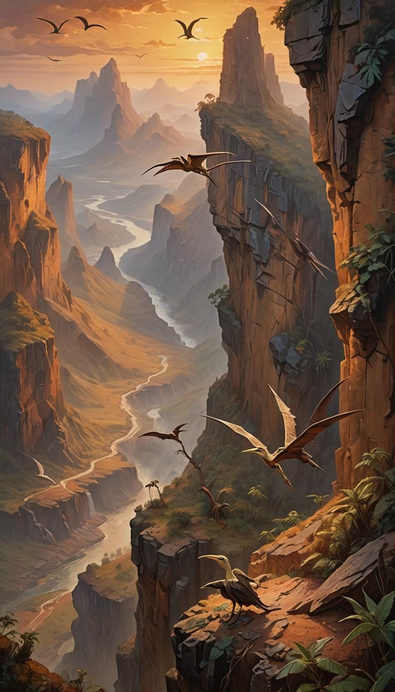 Pterosaur Nesting on Cliff Edge in Earth-Toned Oil Painting