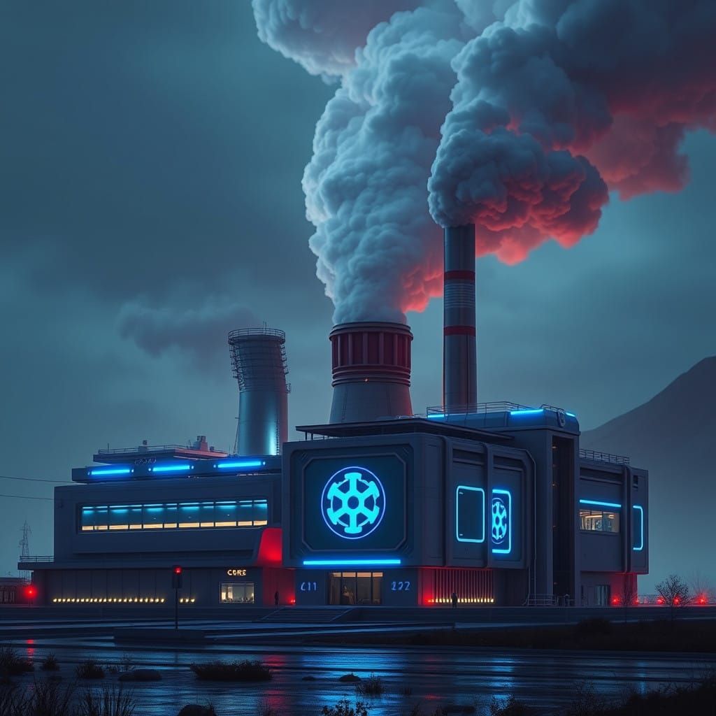 Futuristic Nuclear Power Plant with Core Logo and Billowing ...