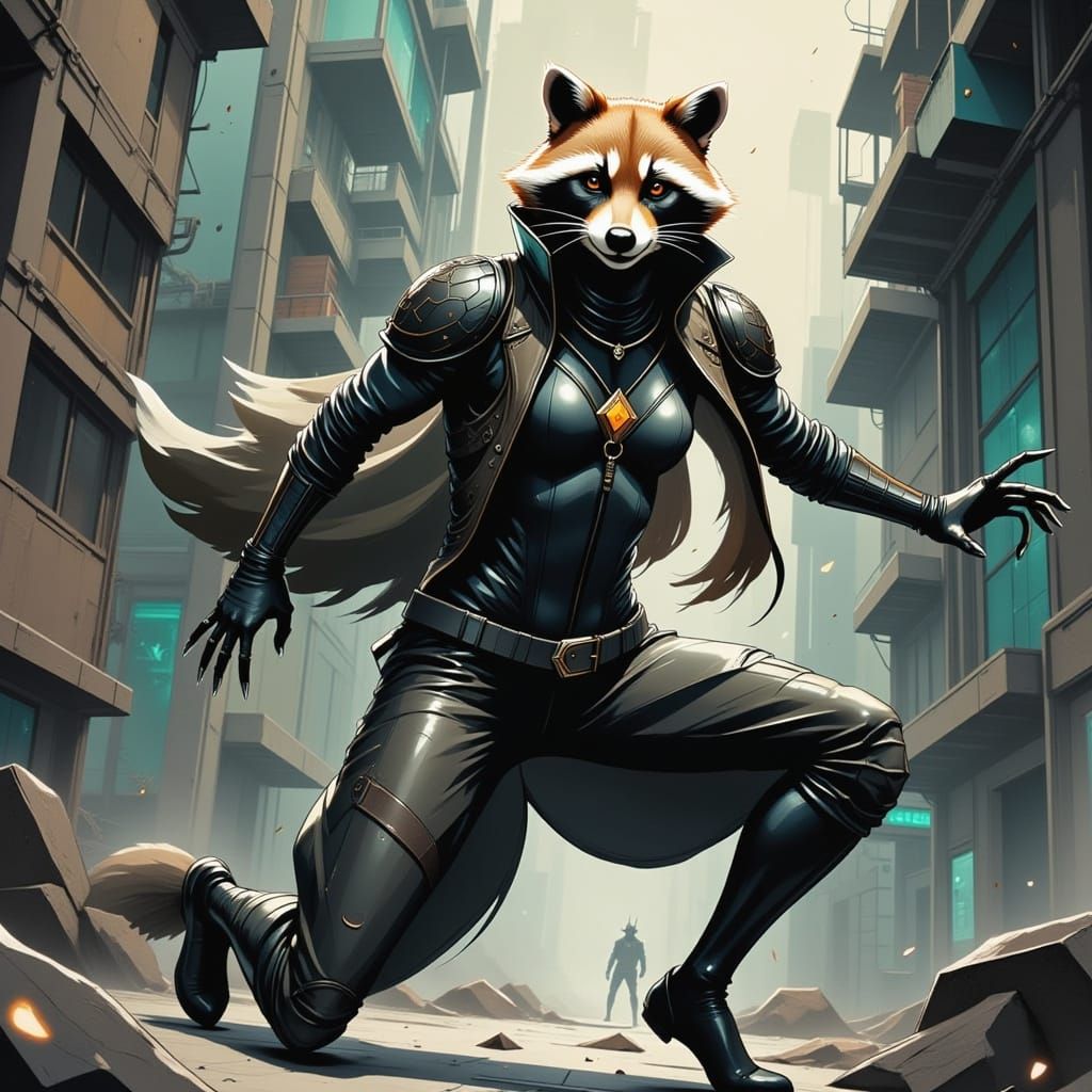 A raccoon superhero in a black super suit with metal claws, ...