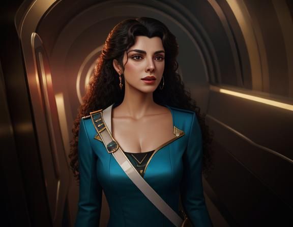 Deanna Troi.  Background is inside a Turbo Lift (elevator).