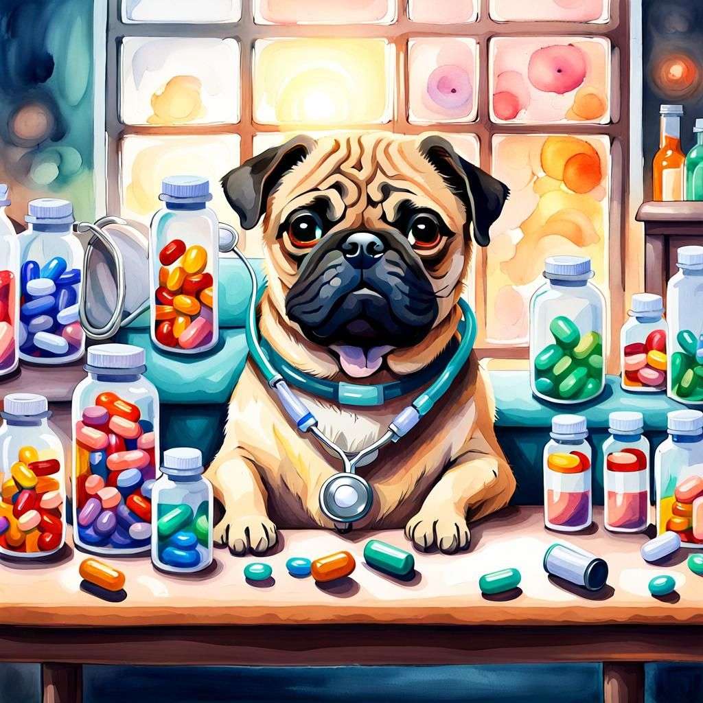 Whimsical Watercolor of Pug at Veterinarian