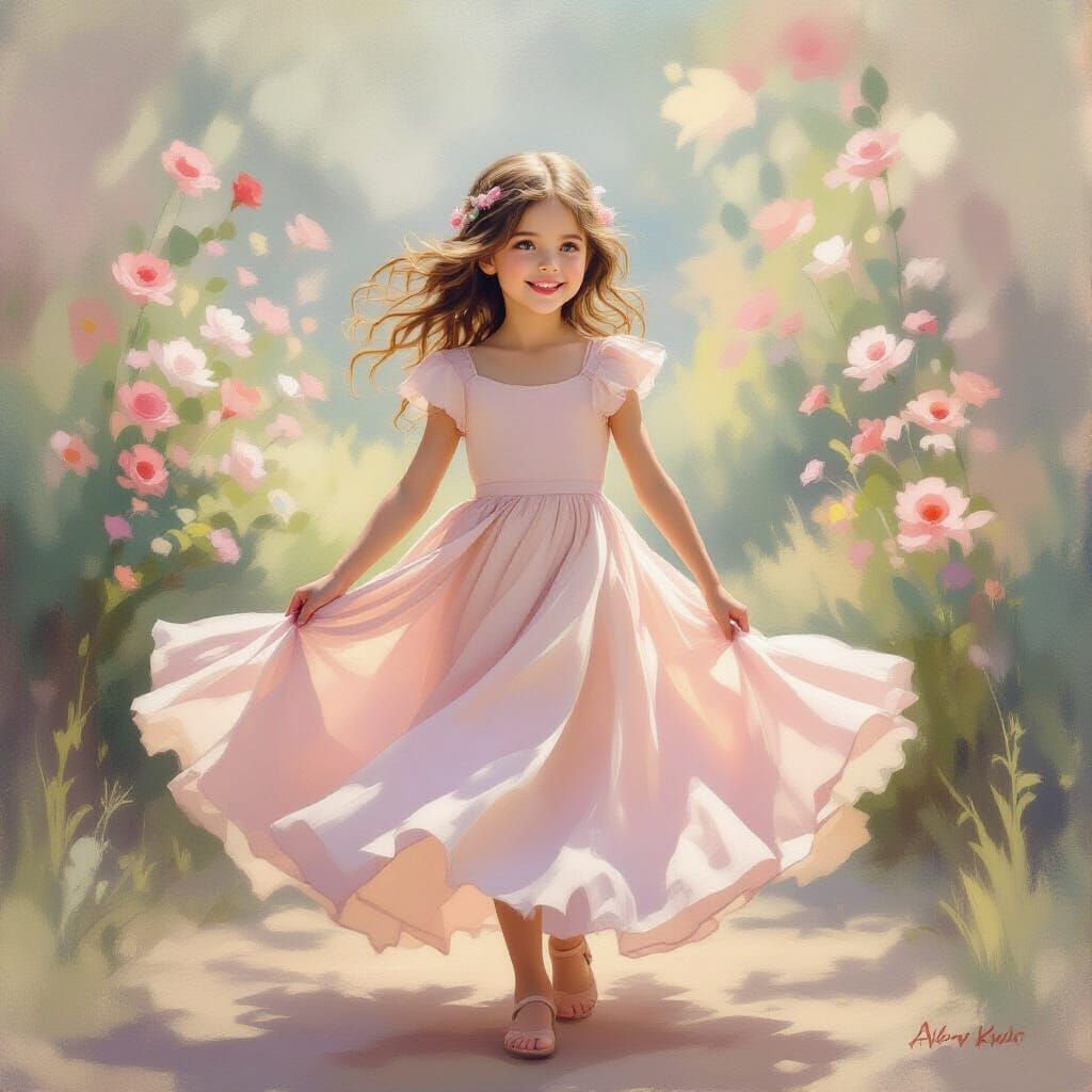 Joyful Girl in Pink Dress, Impressionist Style