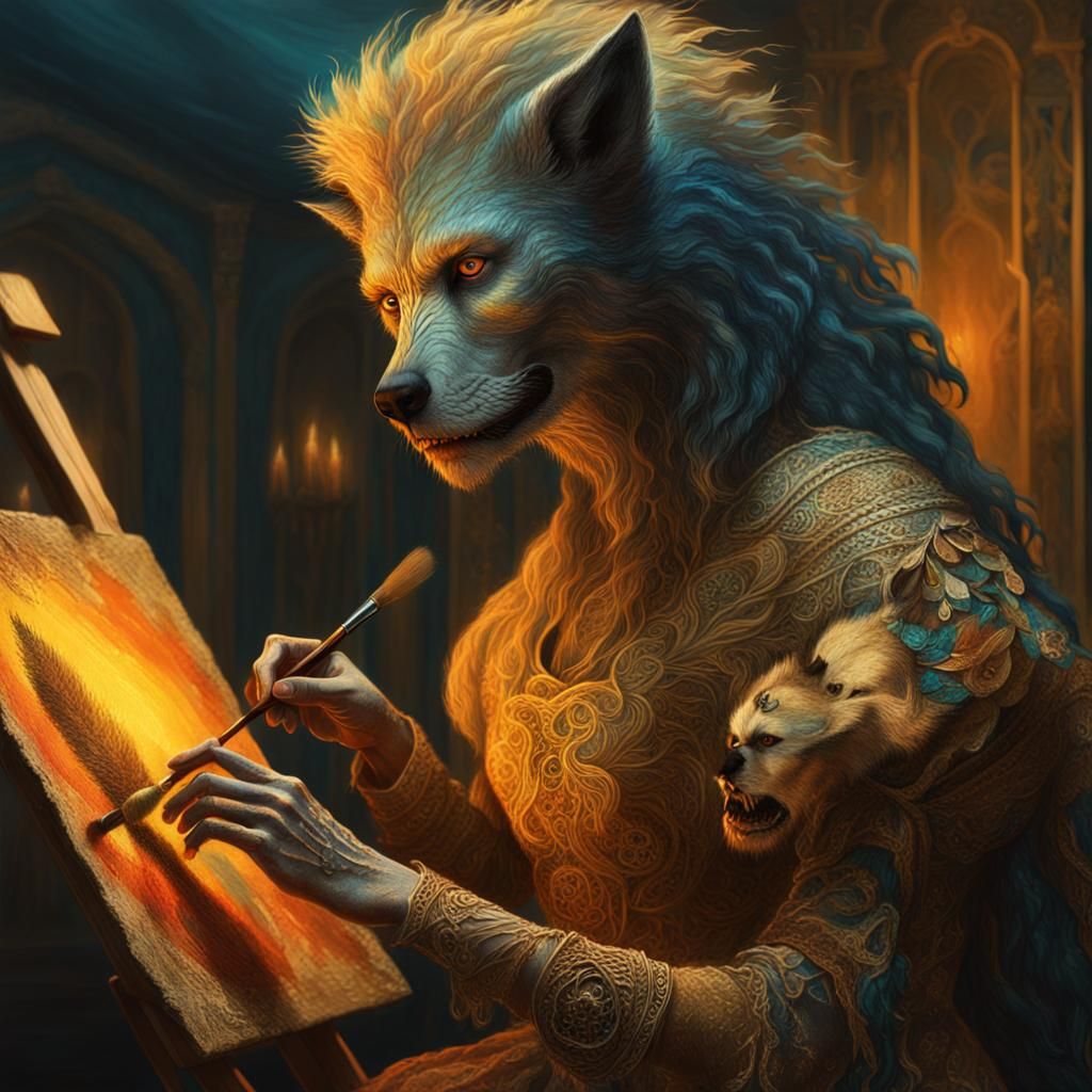 Werewolf Painter in Ornate Dress, Fantasy Art