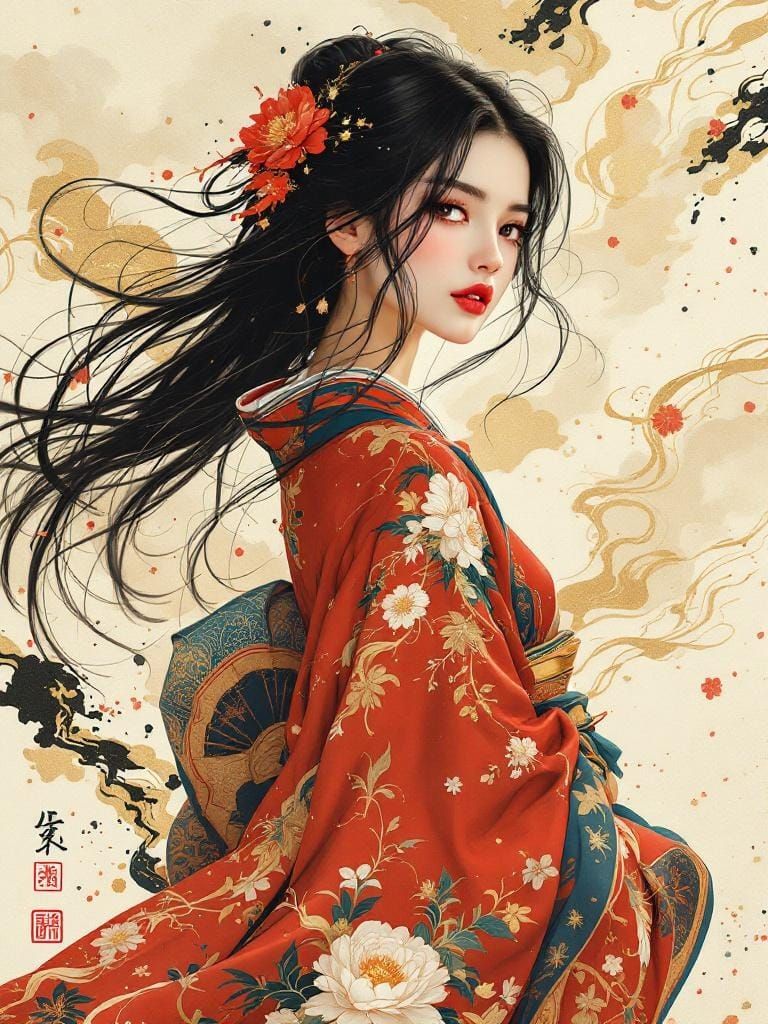 Ethereal Woman in Ornate Kimono with Ink Splashes