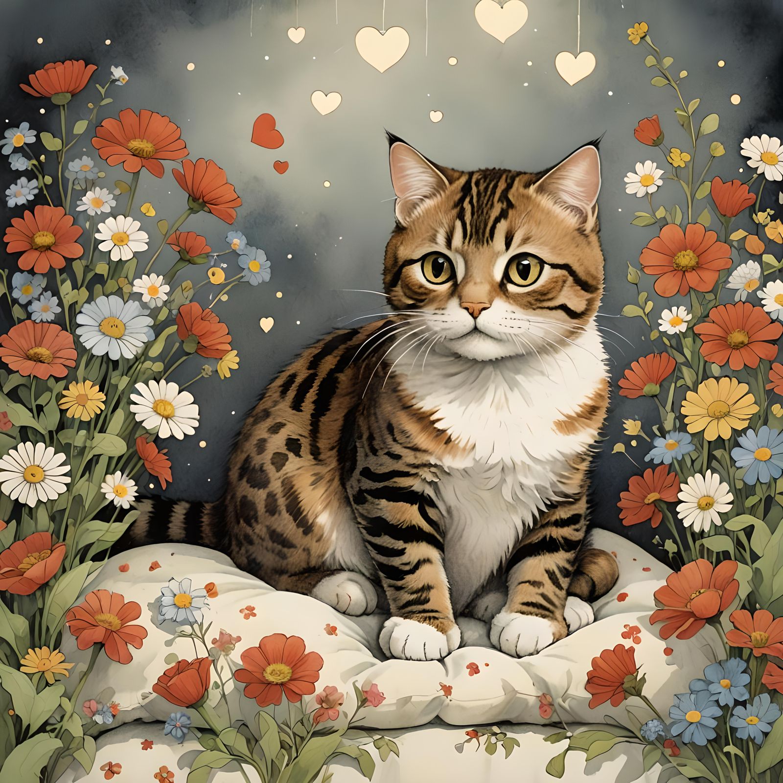 Cute Cat on Pillow in Children's Book Style