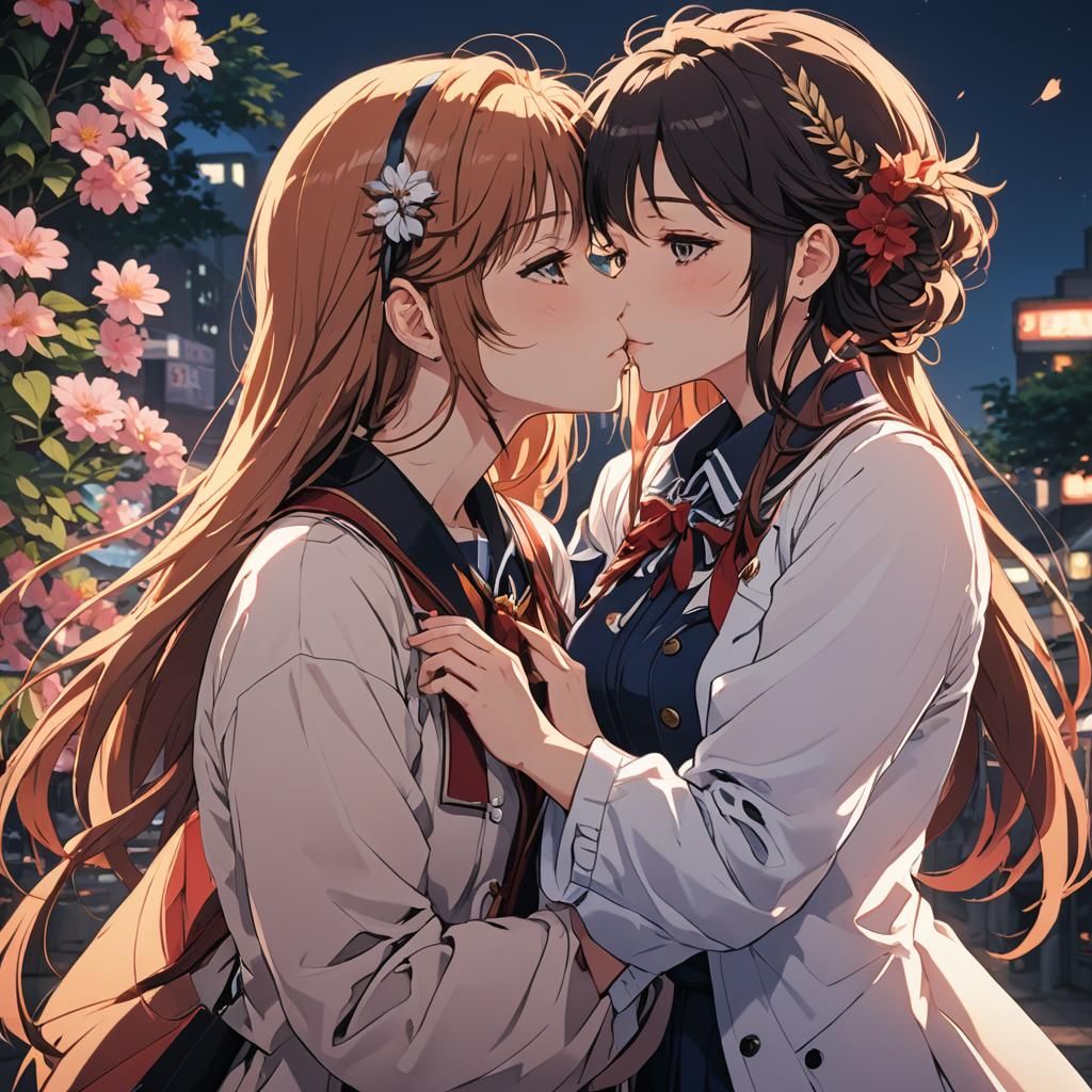 Anime Girls Kissing: Cel-Shaded Manga Style