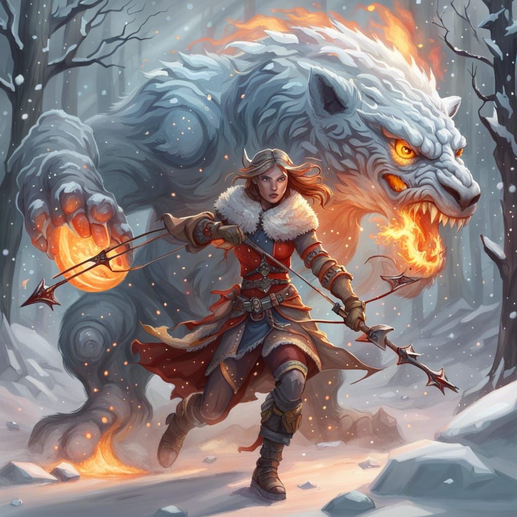 Fiery Archer Battles Snow Monster in Fantasy Art