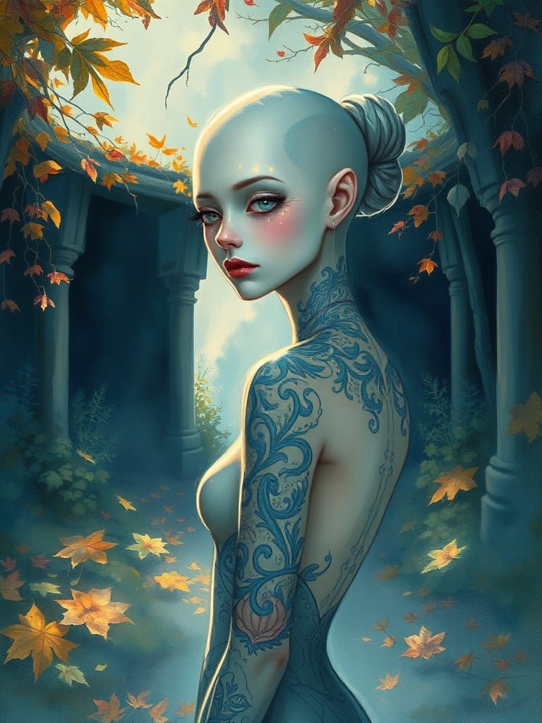 Ethereal Figure in Forgotten Temple with Alcohol-Ink Wash