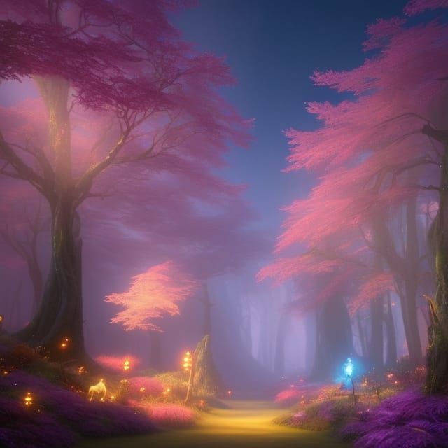 Luminescent Forest with Otherworldly Creatures in Fantasy St...