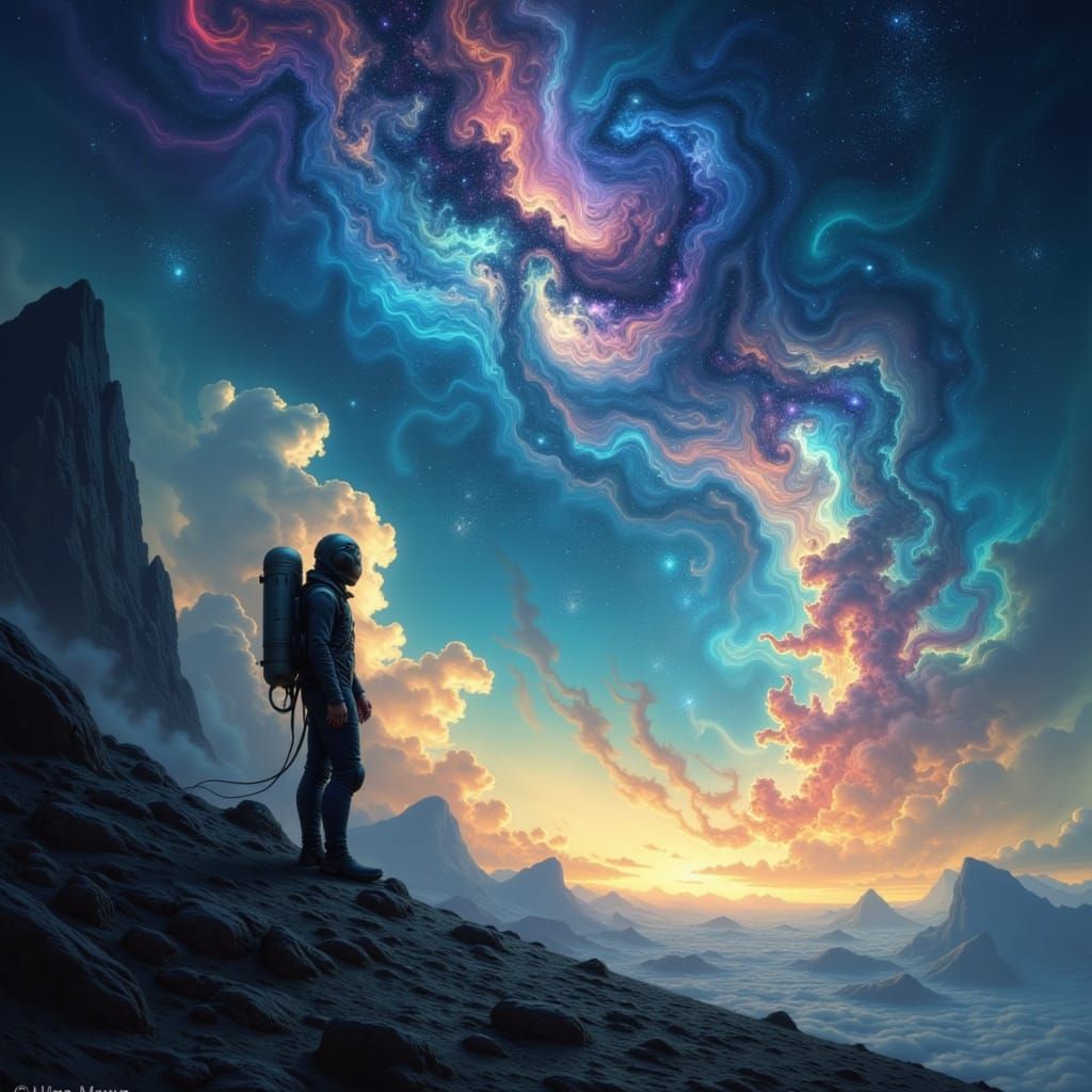 Astronaut Gazes at Alien Nebula Sky