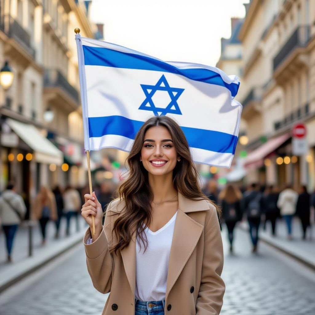 Israeli Woman with Flag in Paris Street