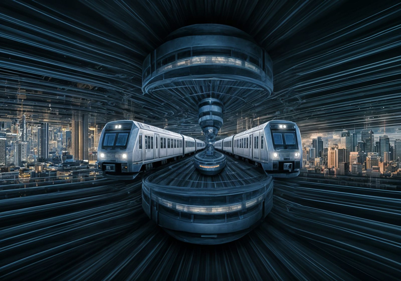 Sleek Modern Trains Recursively Merge into Endless Perspecti...