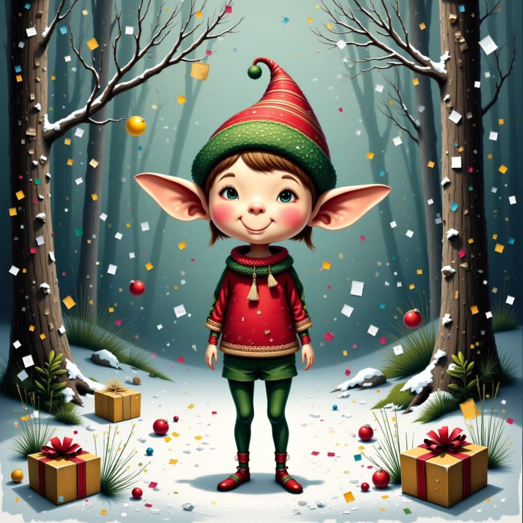 Whimsical Christmas Elf in Snowy Forest
