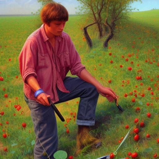 Psychedelic Strawberry Picker, 60s-Style Oil Painting