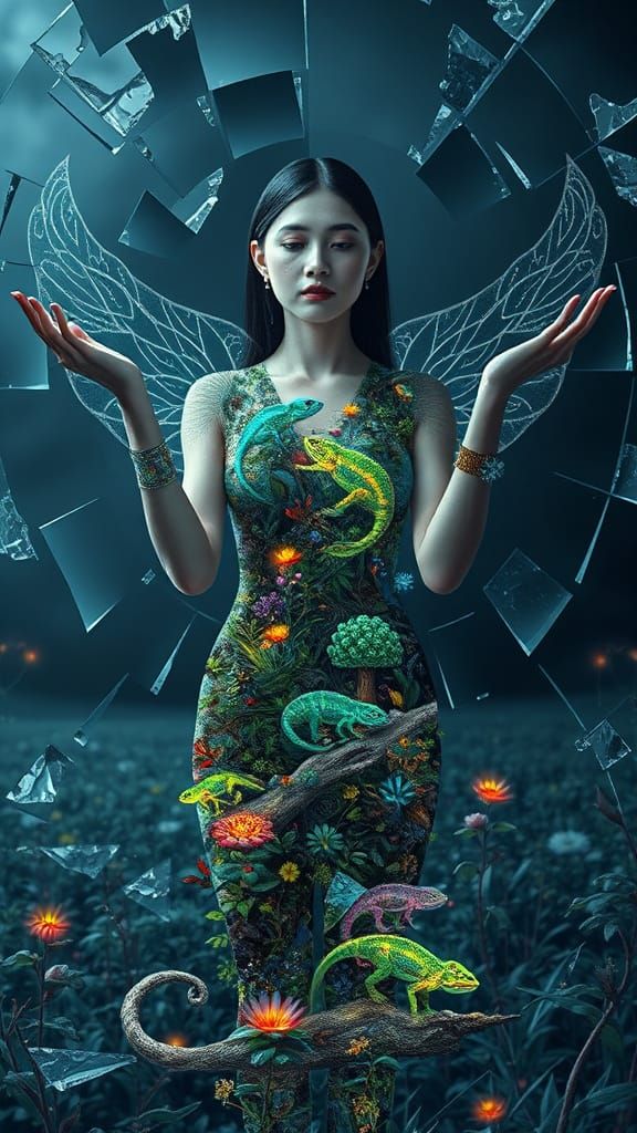 Surreal Goddess in Glass Landscape with Chameleons and Glowi...