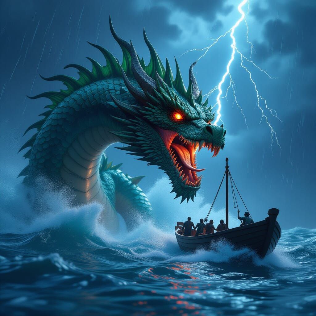 Colossal Sea Dragon Attacks Hunters in Stormy Night