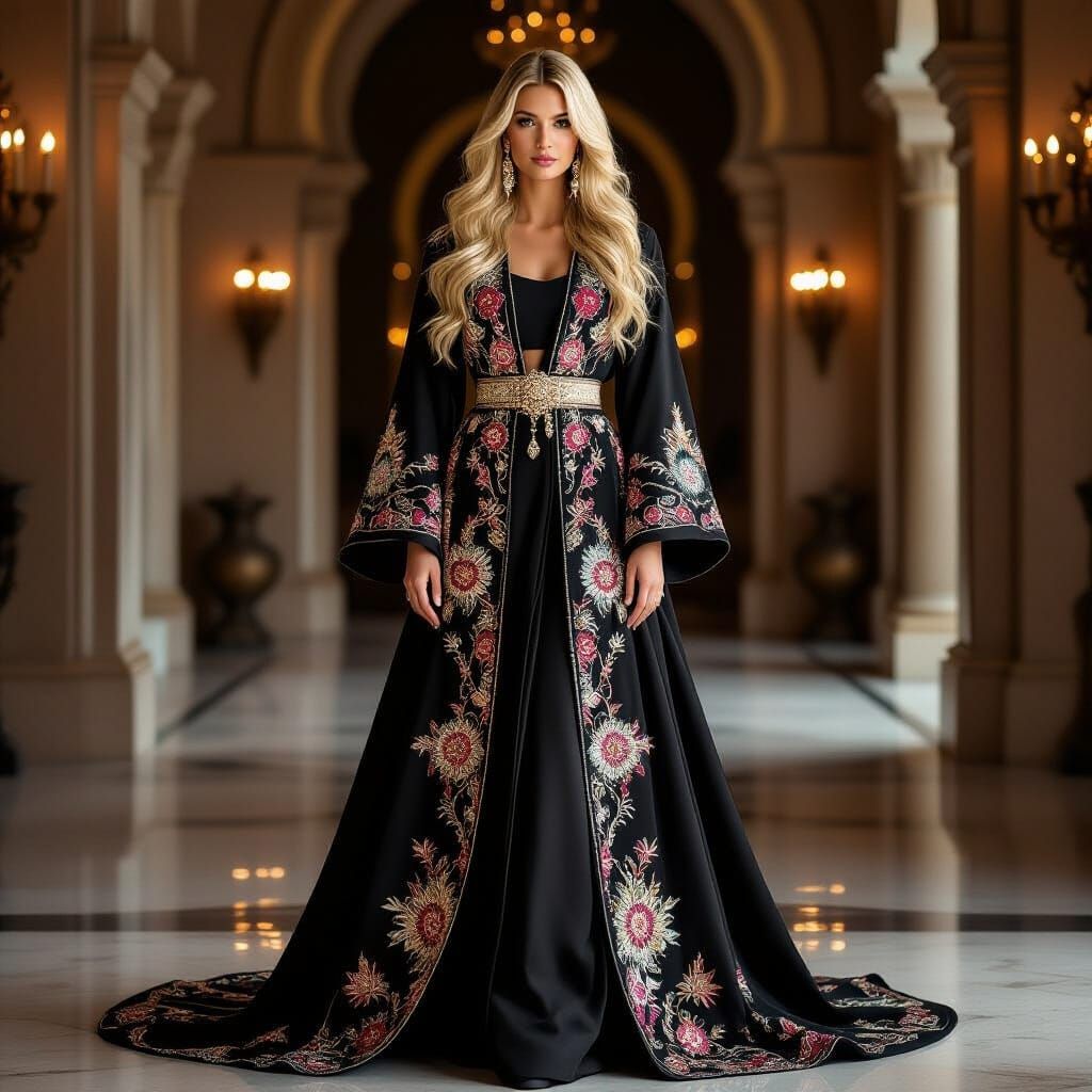 Regal Blonde in Luxurious Abaya: High Fashion Portrait
