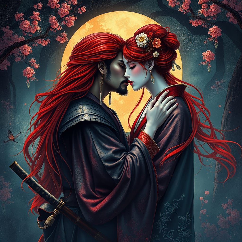 Ethereal Redhead Geisha in Epic Fantasy Japanese Garden