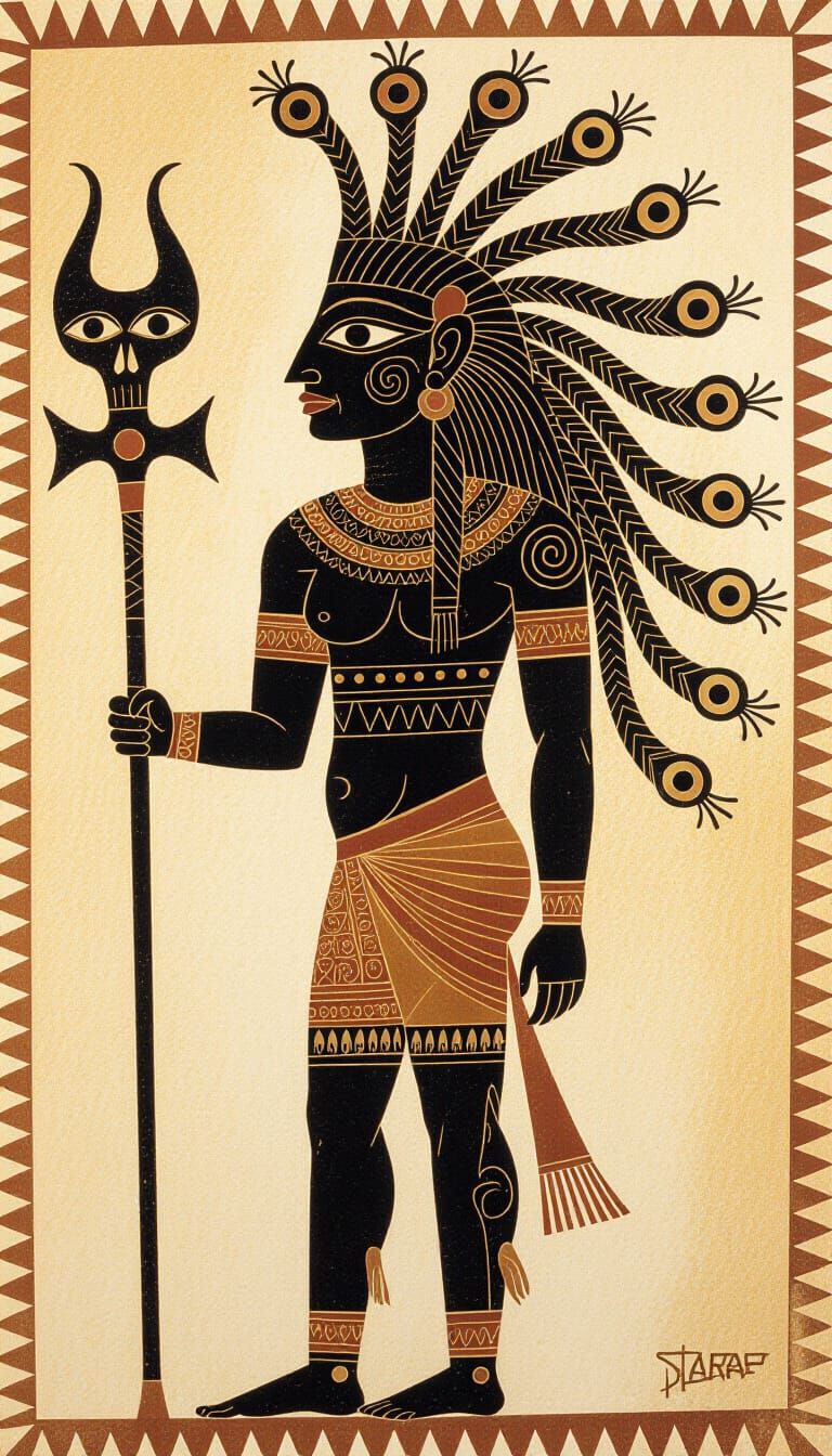 Ancient Cave Art Deity with Multiple Eyes and Staff