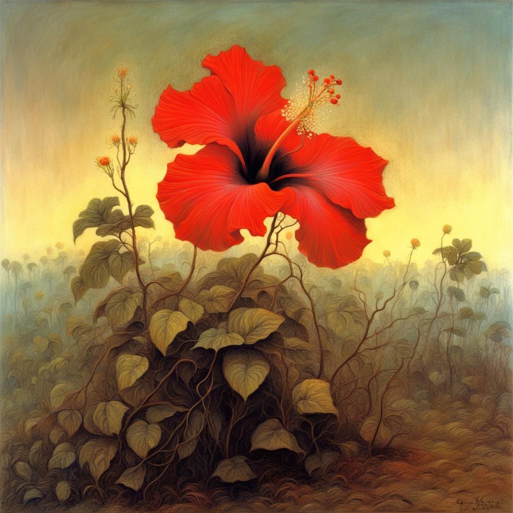 Hibiscus Flowers in Style of Beksiński