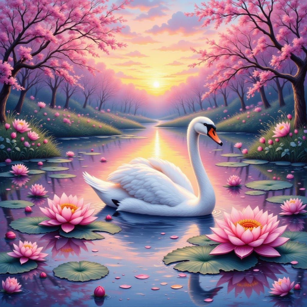 Swan Gliding on Twilight Pond: Impressionist Oil Painting