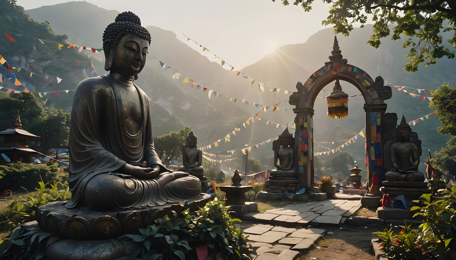Bronze Buddha with Prayer Flags in Cinematic Style