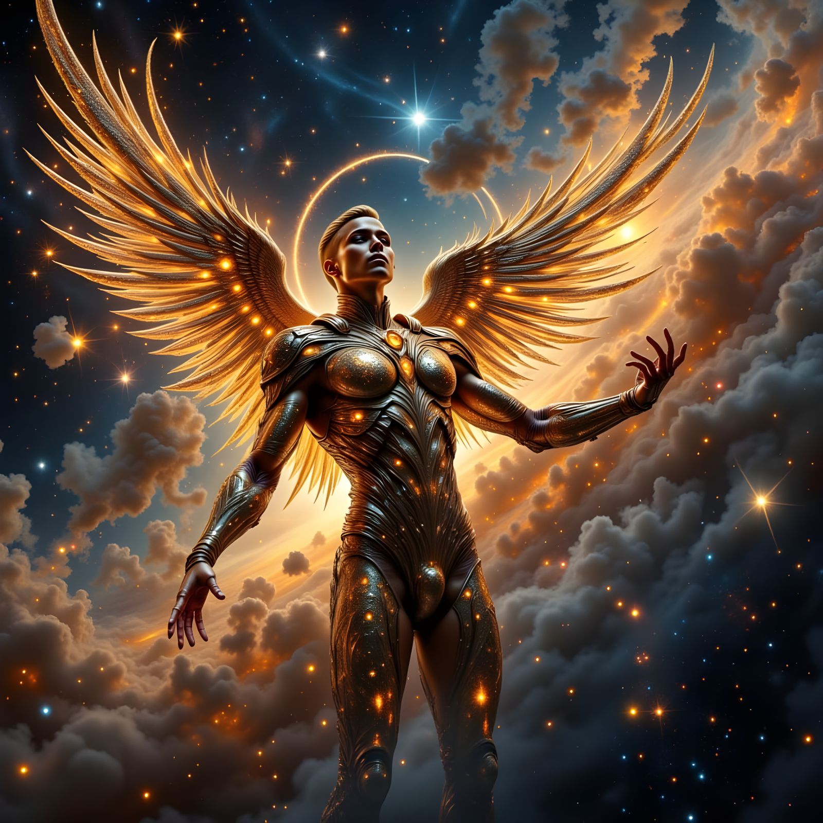 An ancient astronaut with majestic wings forged from pure ti...