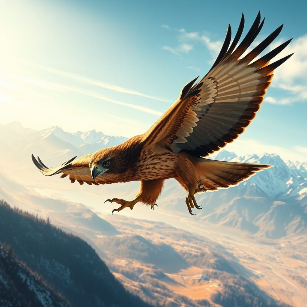 Hawk Diving Toward Snowy Mountains in Digital Art Style