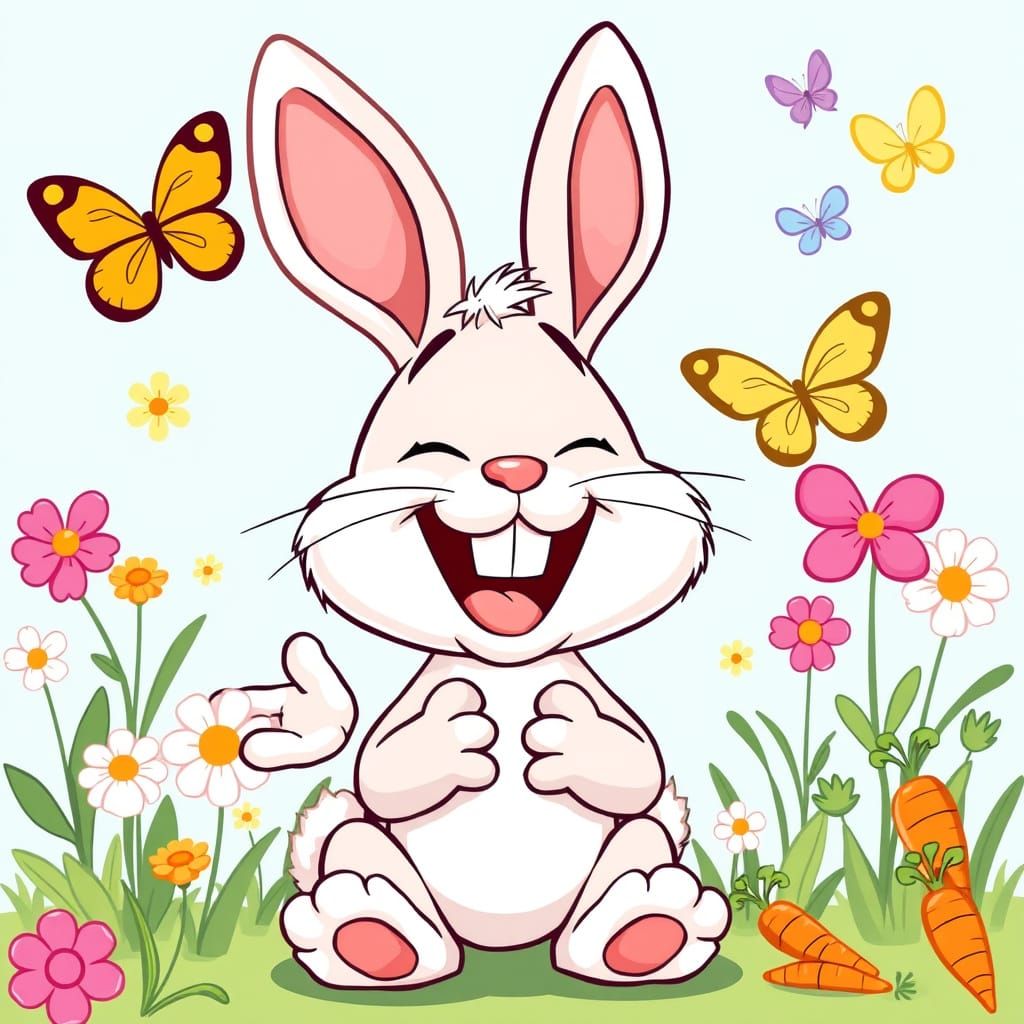 Cartoon Bunny's Joyful Laughter in Spring Flowers