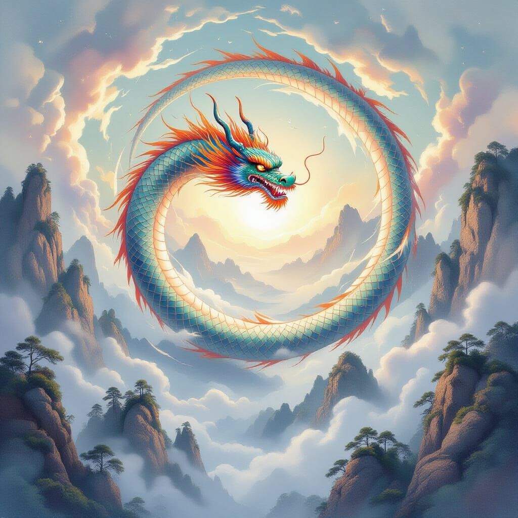 Celestial Dragon Coiling Around Energy Vortex