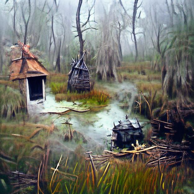 Eerie Witch Hut in Foggy Swamp