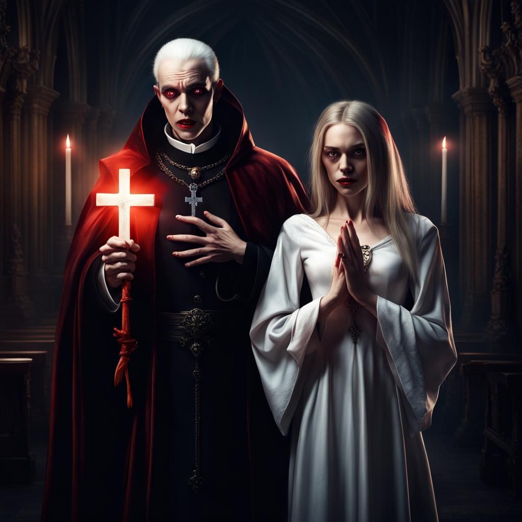 Terrified Vampire Faces Cleric with Glowing Crucifix