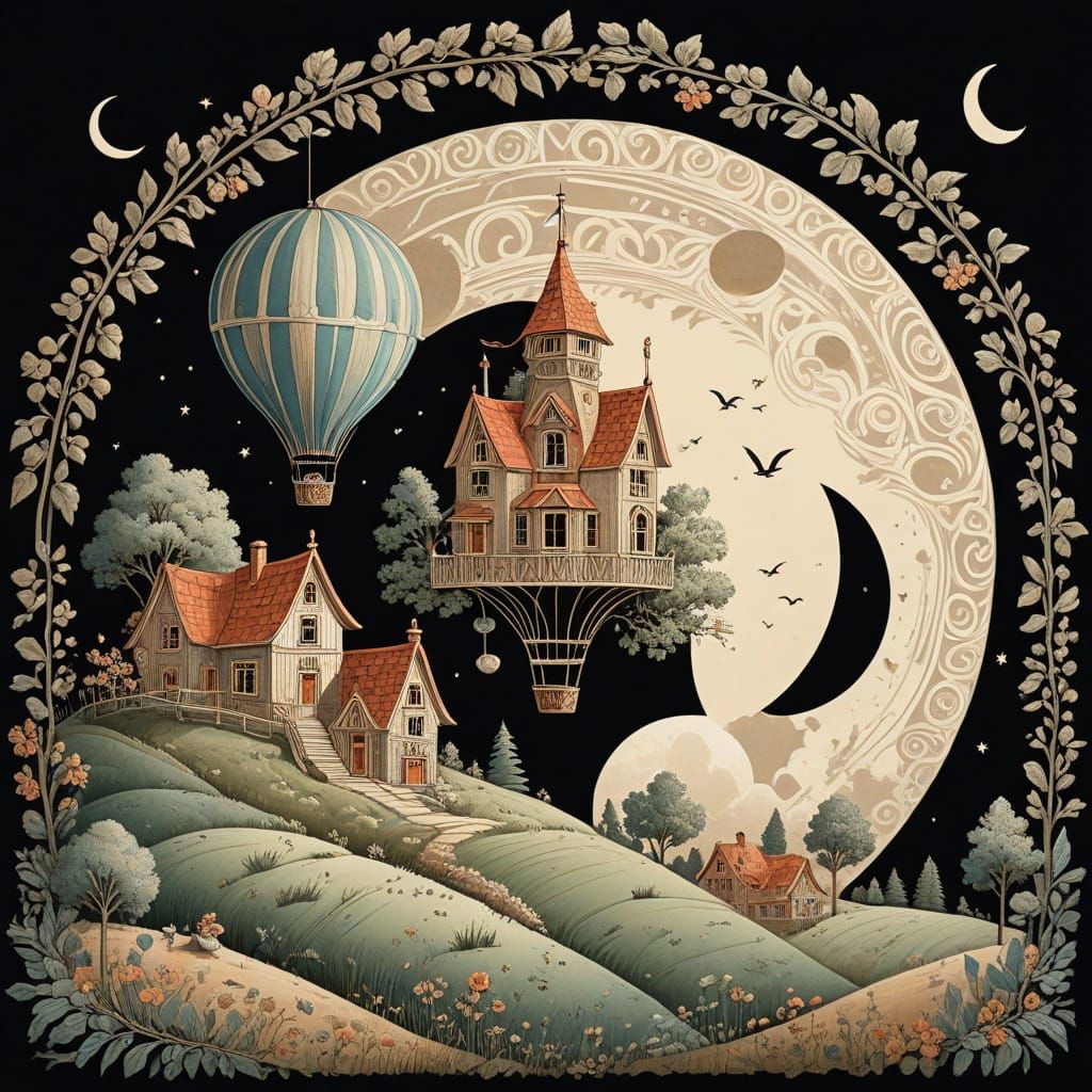 Whimsical Wicker Basket on a Balloon Moon