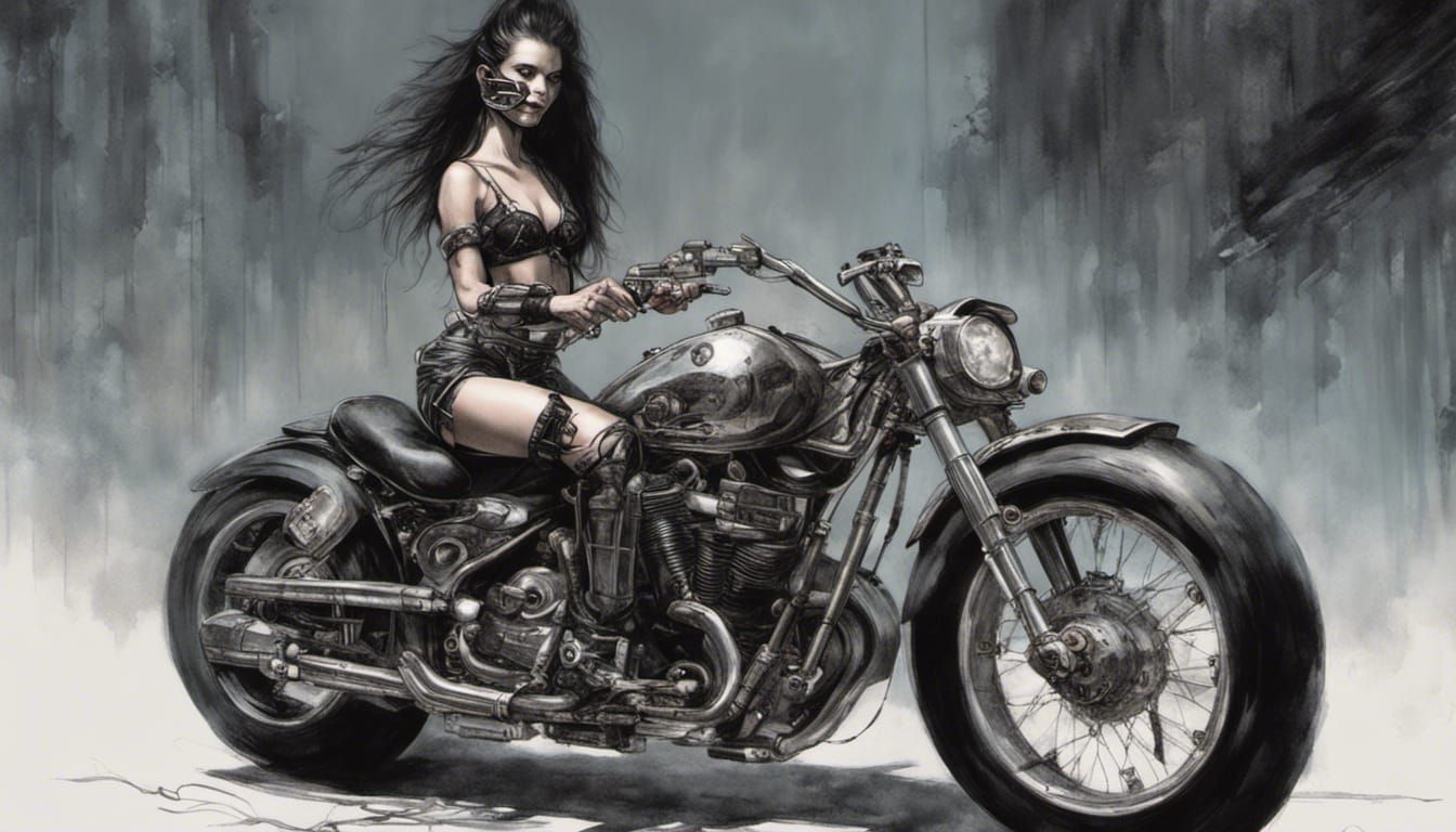 Cyborg Vampire Girl on Motorcycle in Dark Fantasy Style