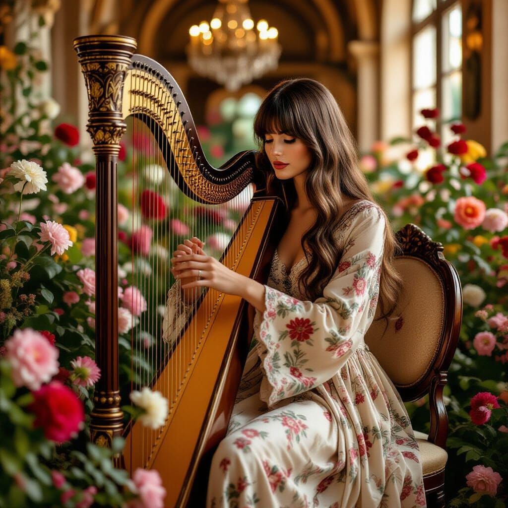 Woman with Harp in Sepia Vintage Photo