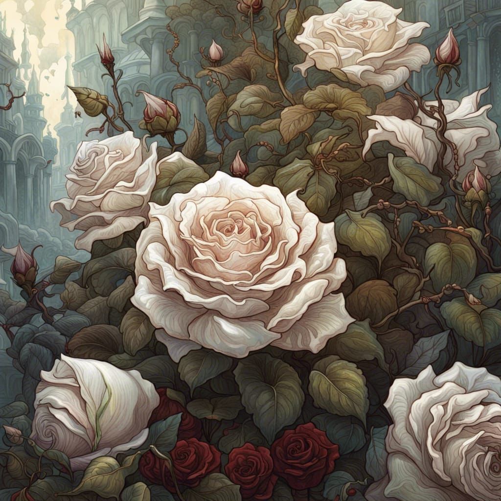 Detailed Rose Bush in a Fantasy Matte Painting