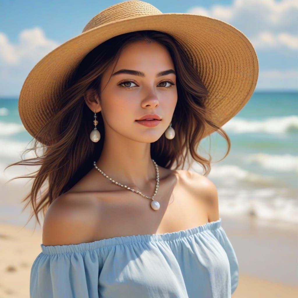 Young Woman on Beach in Oil Painting Style