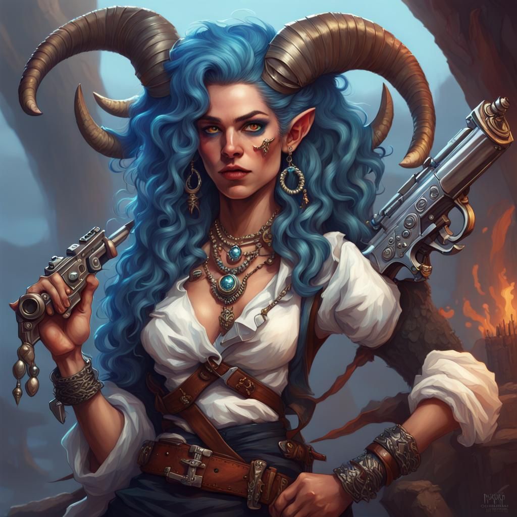 Tiefling Bard with Gun, Hyperrealistic Splash Art