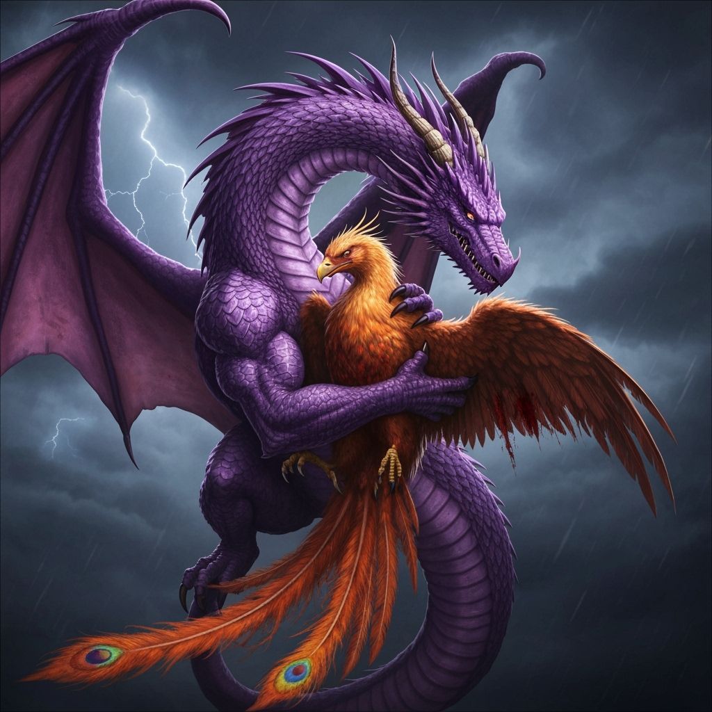 Purple Dragon Protecting Injured Phoenix