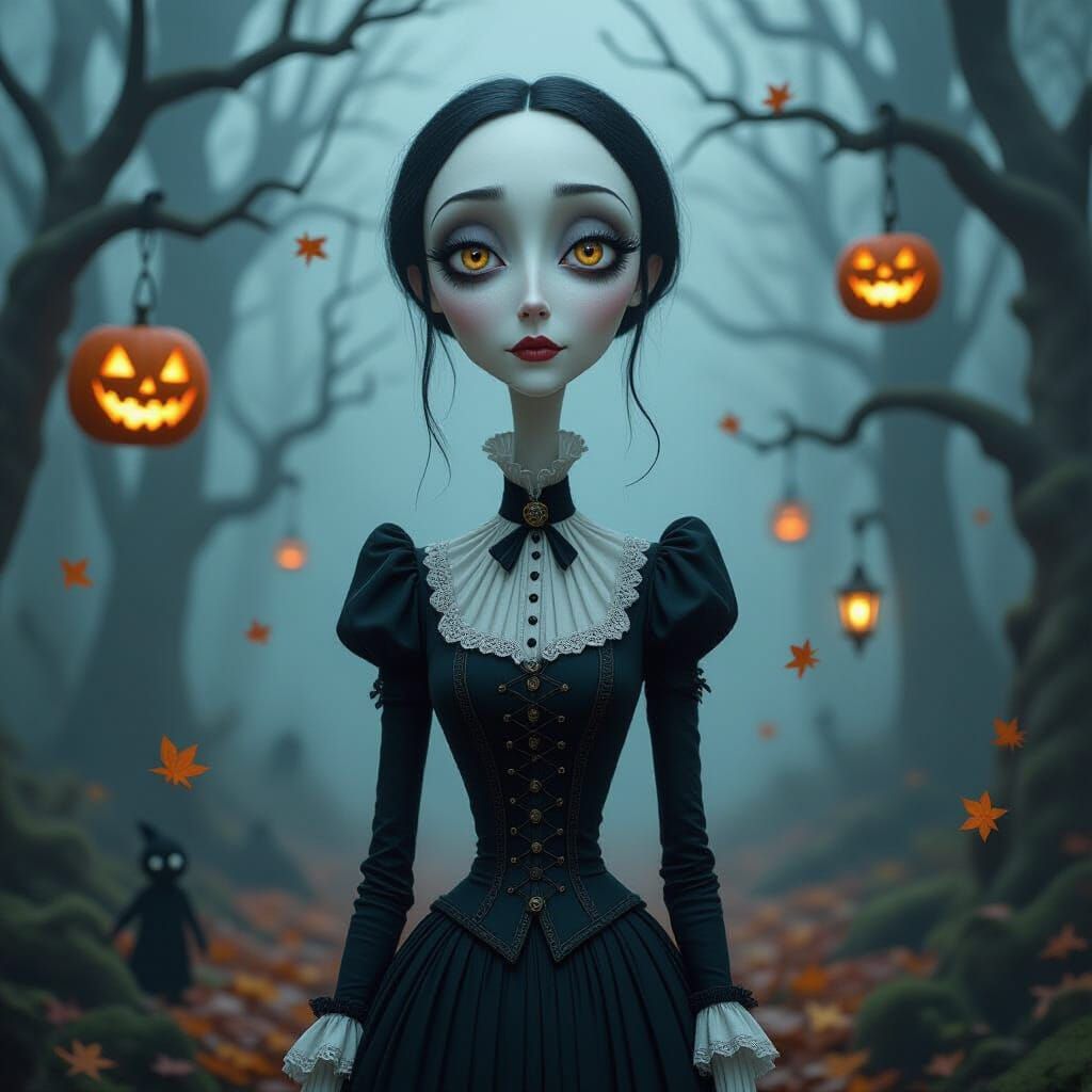 Tim Burton-Inspired Melancholic Character in Eerie Forest