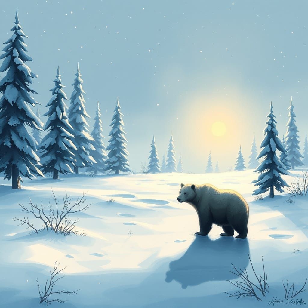 Bear in Winter Landscape: Digital Painting with Watercolor